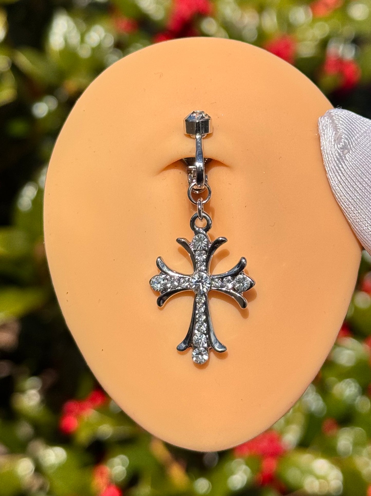 Icy cross fake belly ring