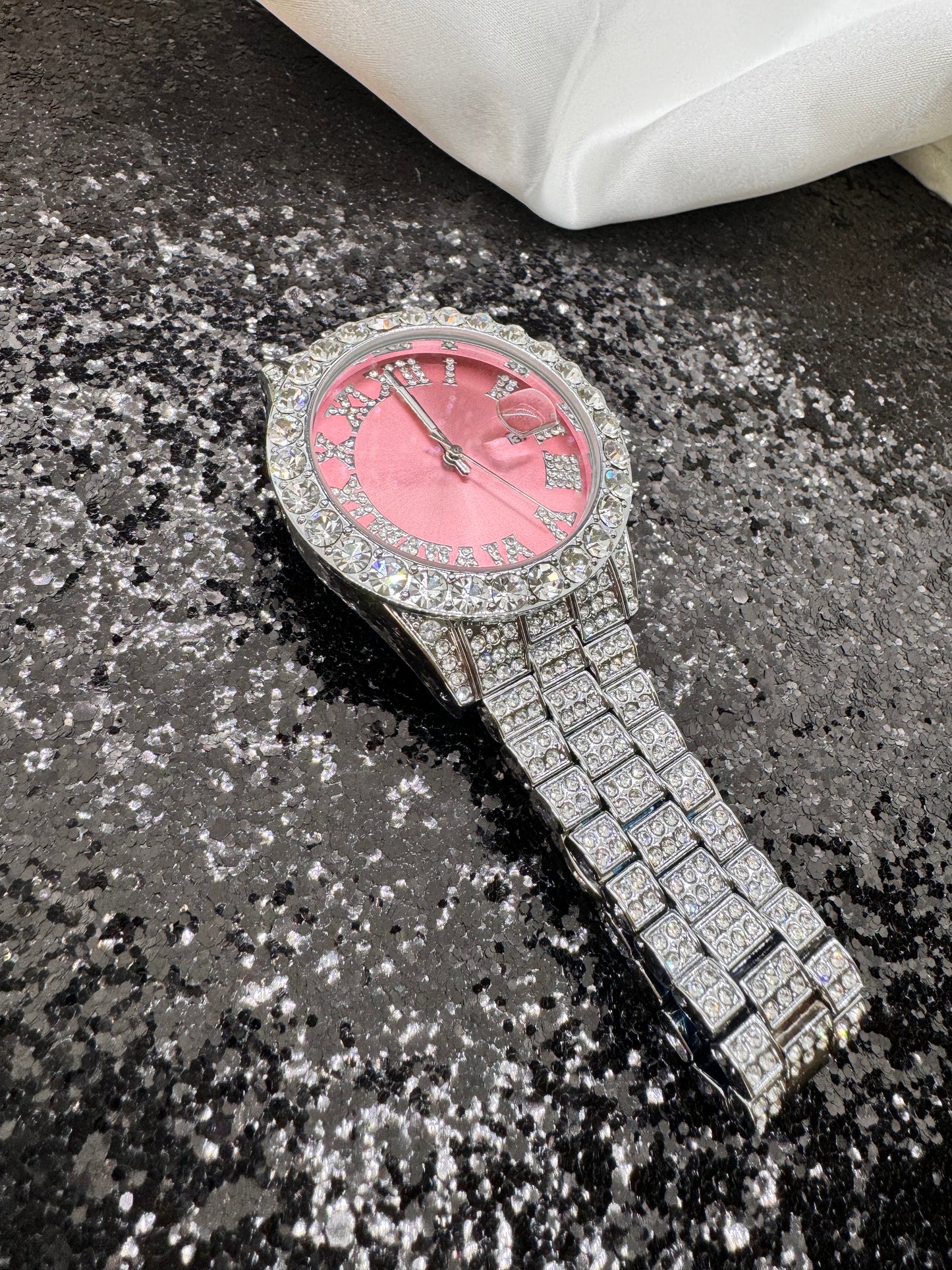 Iced out pink face watch