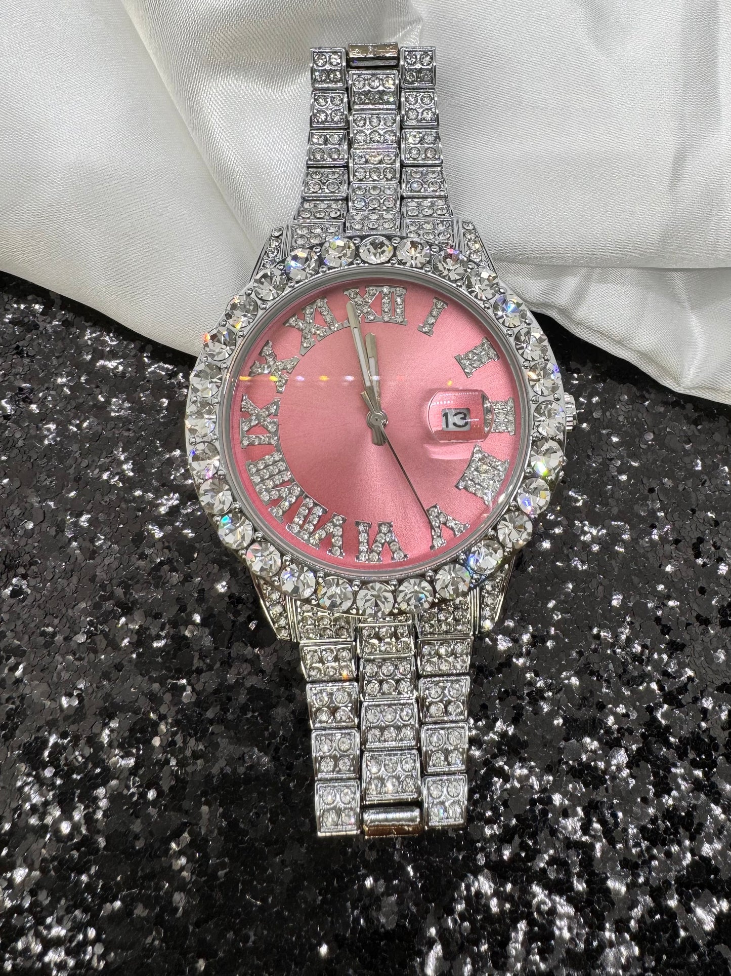 Iced out pink face watch