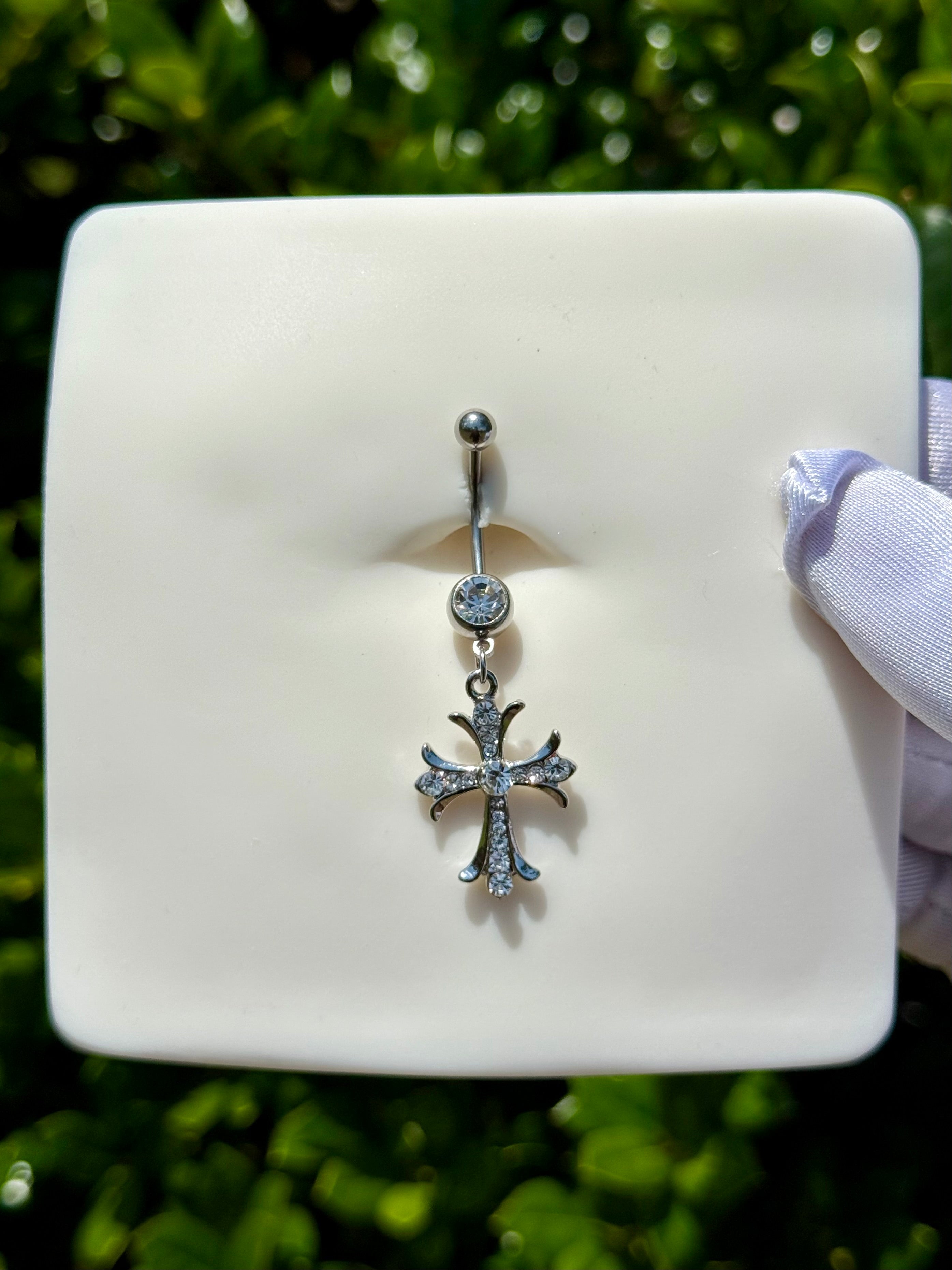 Icy cross longer belly ring