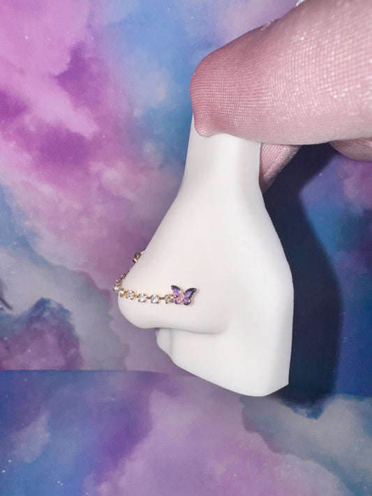 Purple butterfly chain nose ring