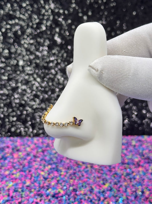 Purple butterfly chain nose ring