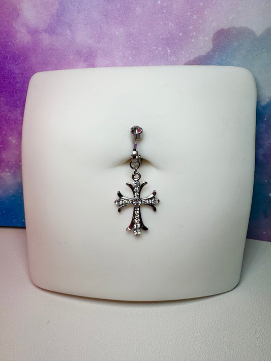 Icy cross fake belly ring